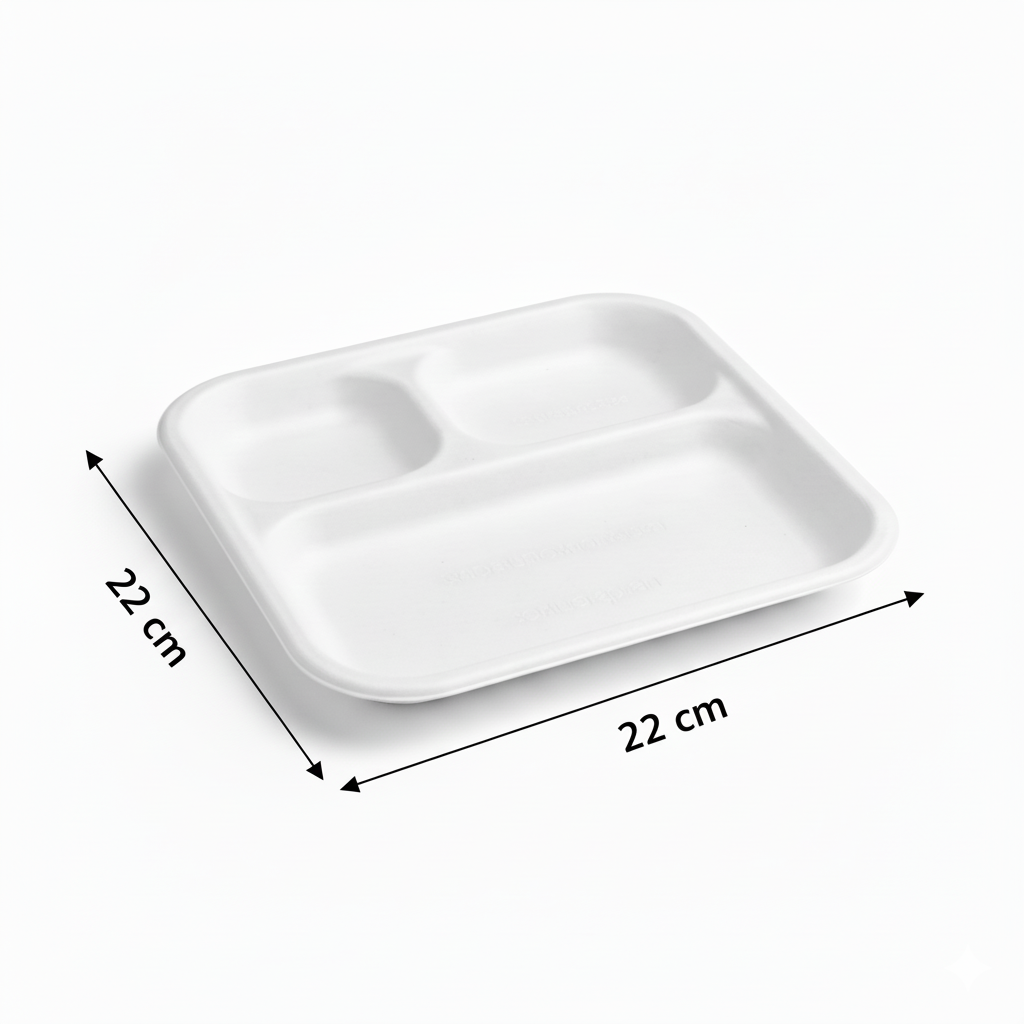 22cm 3 compartment Sugarcane Square Plate