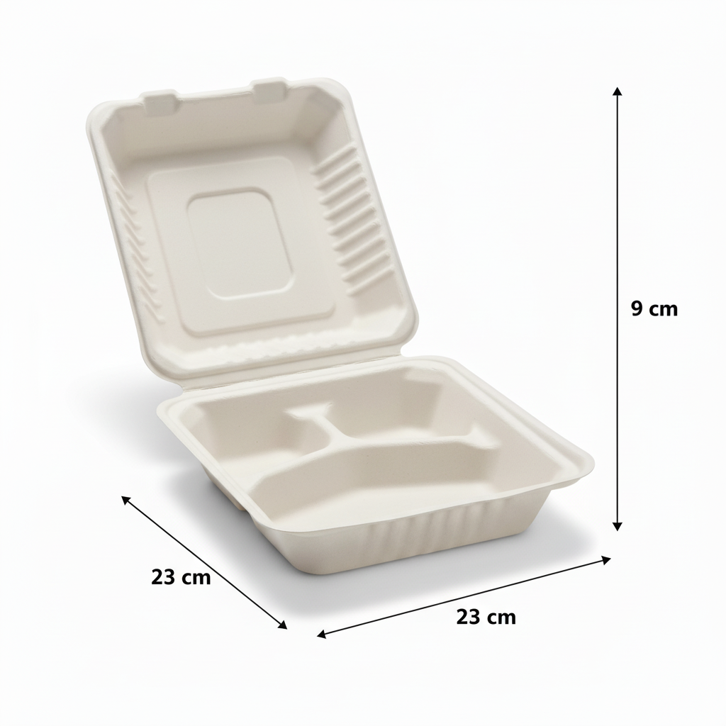 23cm 3 compartment Sugarcane Square Clamshell