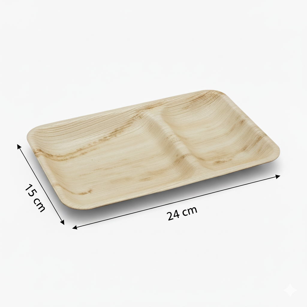24cm x 15cm Shallow 2 compartment Palm Leaves Rectangular Plate