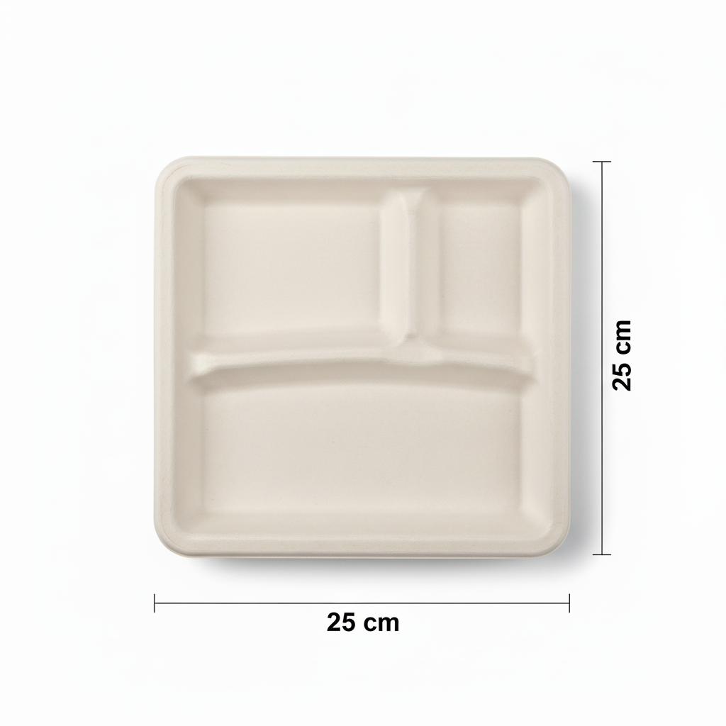 25cm 3 compartment Sugarcane Square Plate