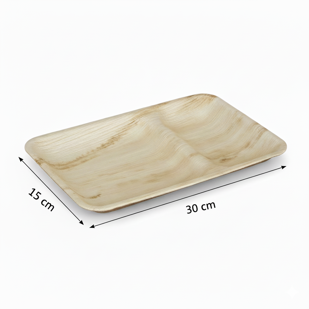 30cm x 15cm 2 compartment Palm Leaves Rectangular Plate