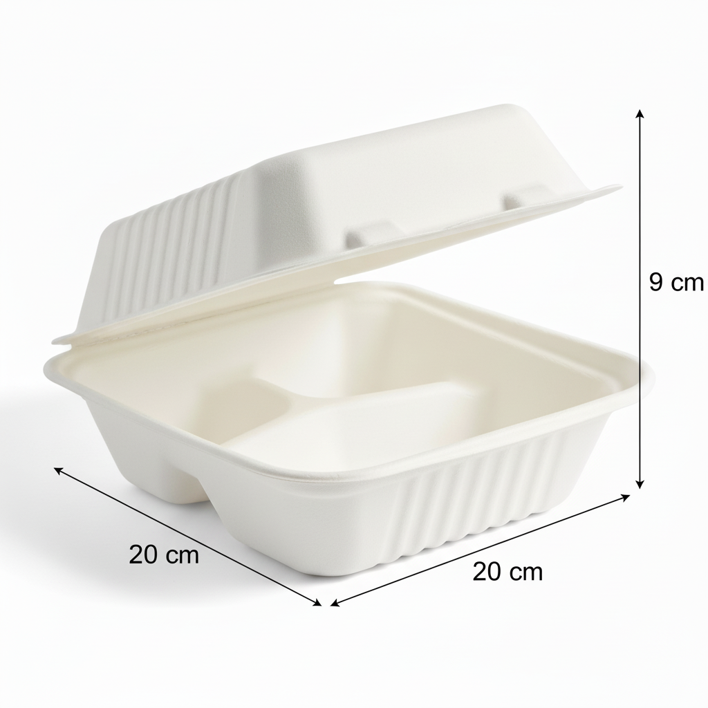 20cm 3 compartment Sugarcane Square Clamshell