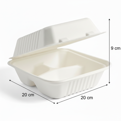 20cm 3 compartment Sugarcane Square Clamshell