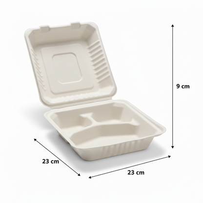 23cm 3 compartment Sugarcane Square Clamshell