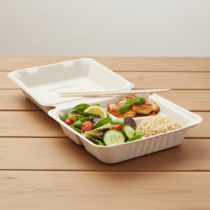 23cm 3 compartment Sugarcane Square Clamshell