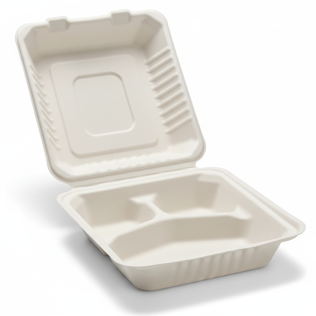 23cm 3 compartment Sugarcane Square Clamshell