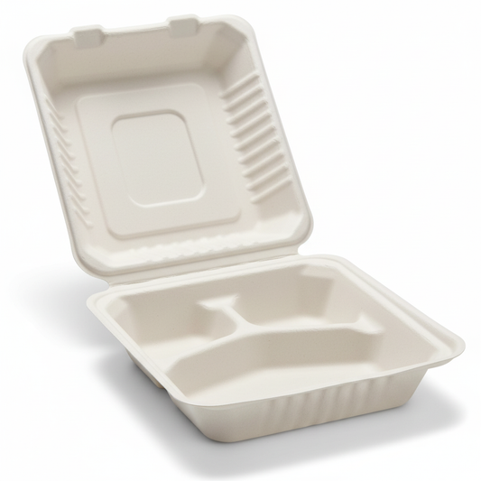 23cm 3 compartment Sugarcane Square Clamshell