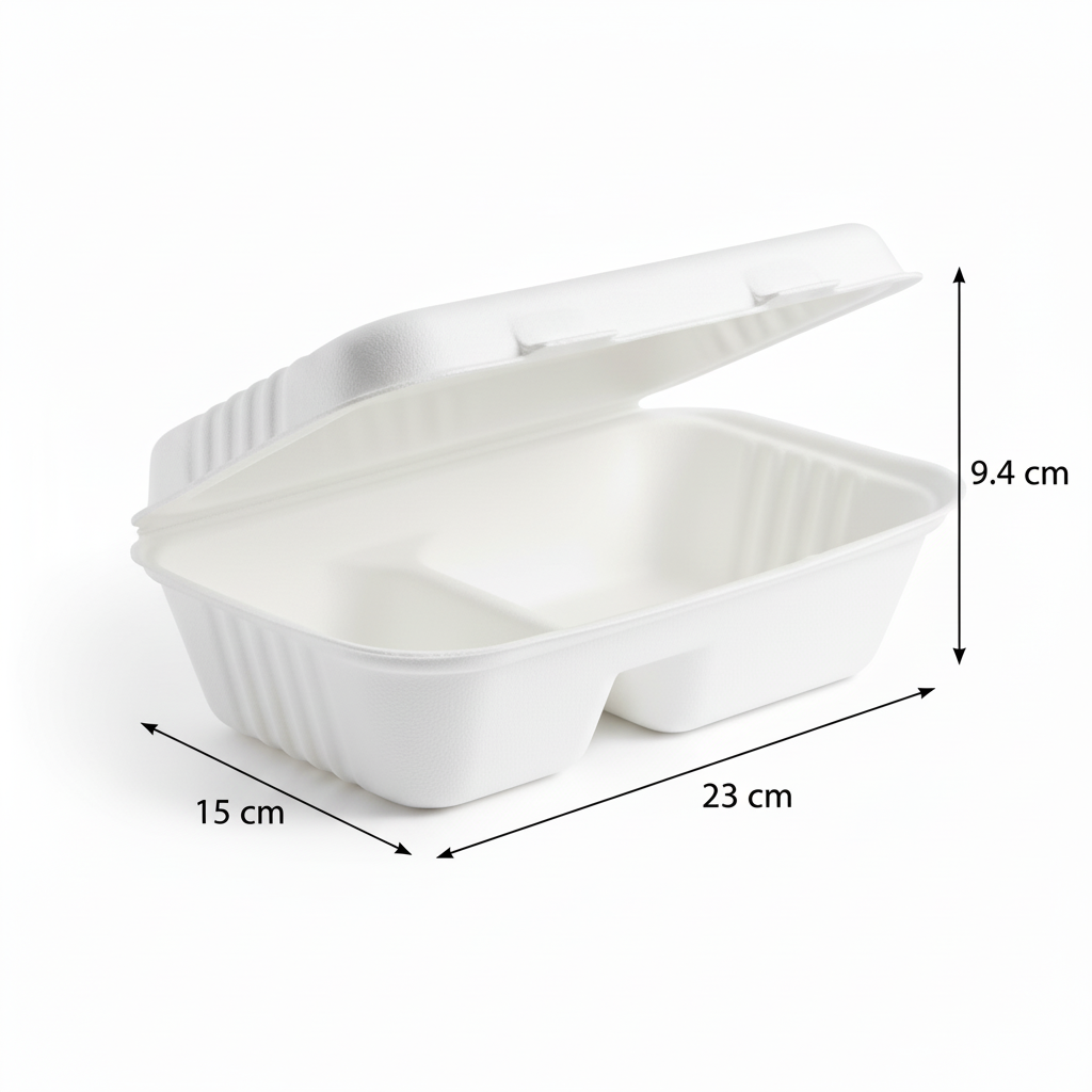 23cm x 15cm 2 compartment Sugarcane Rectangular Clamshell