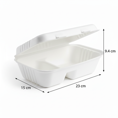 23cm x 15cm 2 compartment Sugarcane Rectangular Clamshell