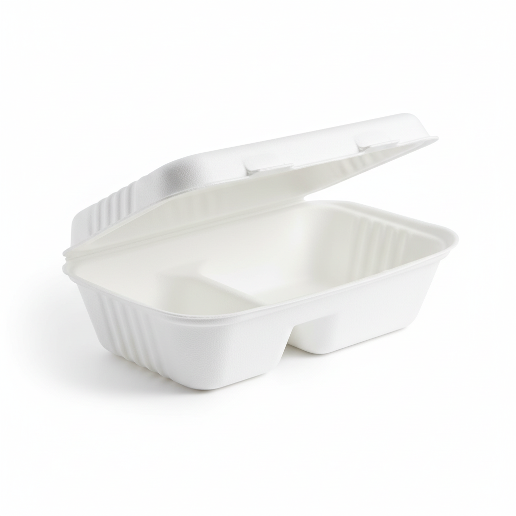 23cm x 15cm 2 compartment Sugarcane Rectangular Clamshell