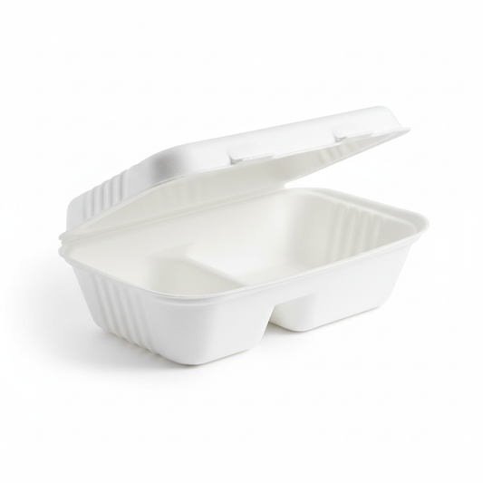 23cm x 15cm 2 compartment Sugarcane Rectangular Clamshell