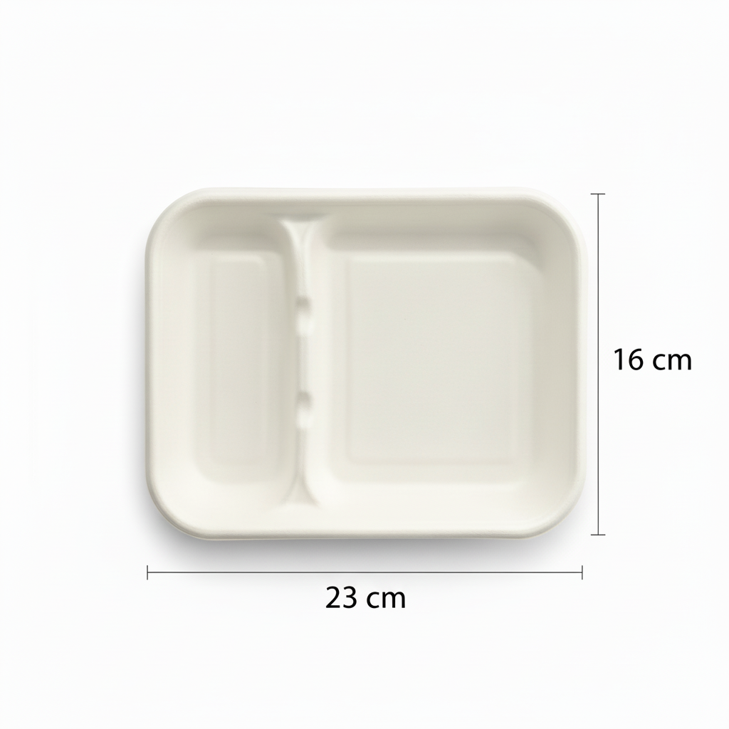 23cm x 16cm 2 compartment Sugarcane Rectangular Tray