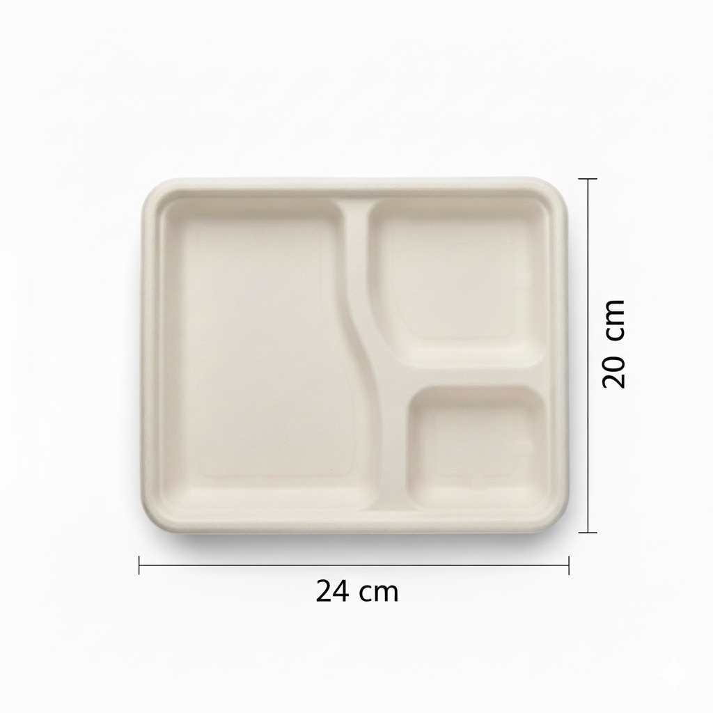 24cm 3 compartment Sugarcane Square Container with Lid
