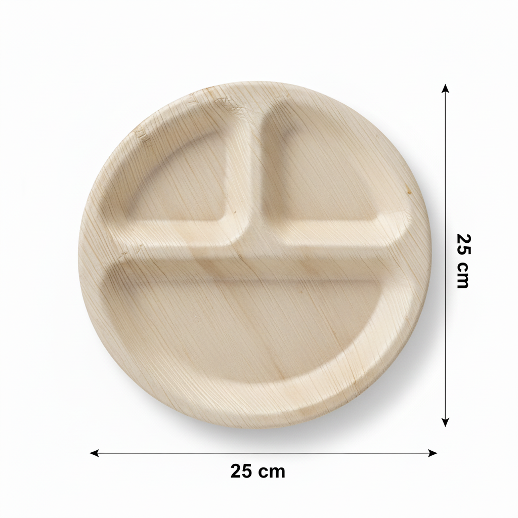 25cm 3 compartment Palm Leaves Round Plate