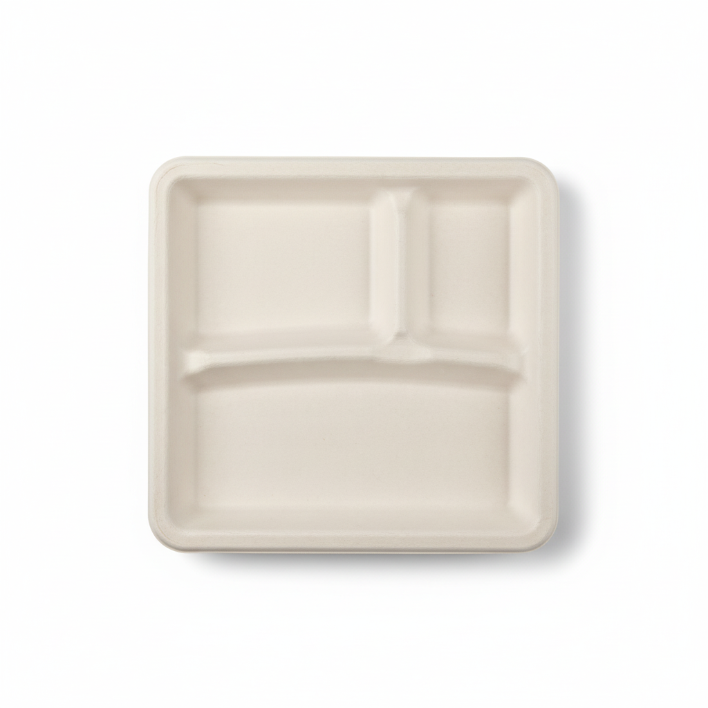 25cm 3 compartment Sugarcane Square Plate