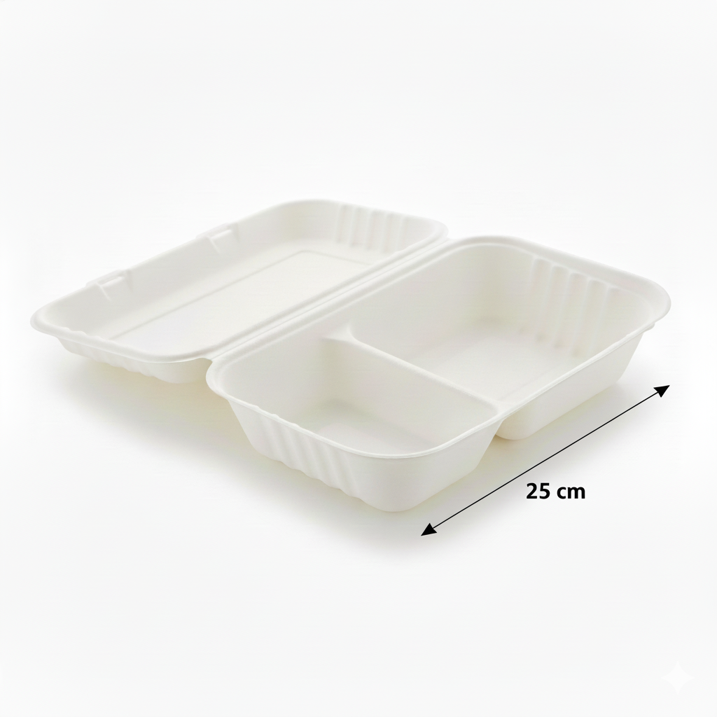 25cm x 16cm 2 compartment Sugarcane Rectangular Clamshell
