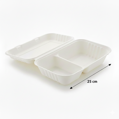 25cm x 16cm 2 compartment Sugarcane Rectangular Clamshell