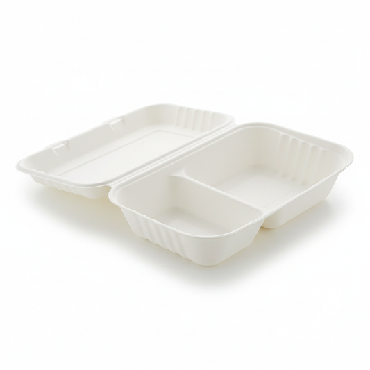 25cm x 16cm 2 compartment Sugarcane Rectangular Clamshell