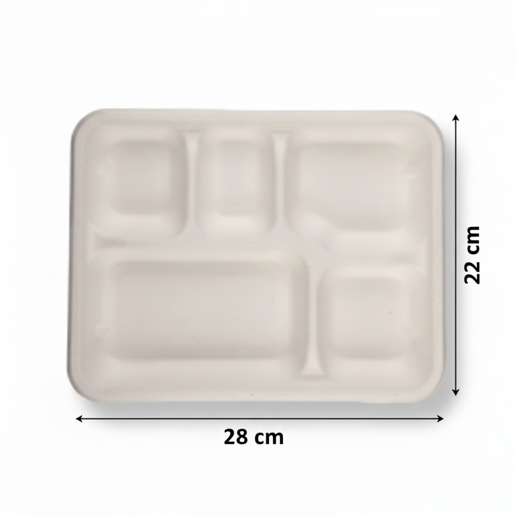 28cm x 22cm 5 compartment Sugarcane Rectangular Container with Lid