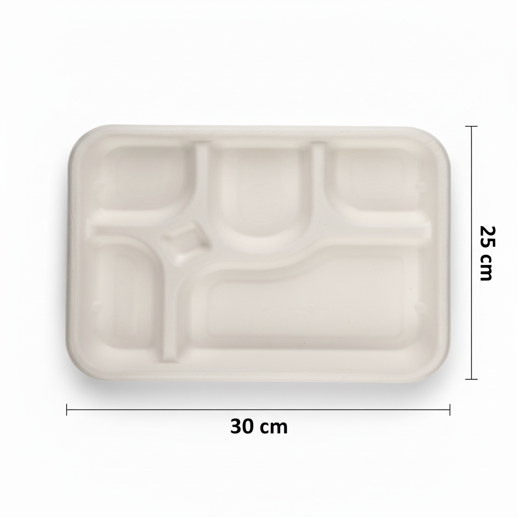 30cm x 25cm 5 compartment Sugarcane Rectangular Container with Lid